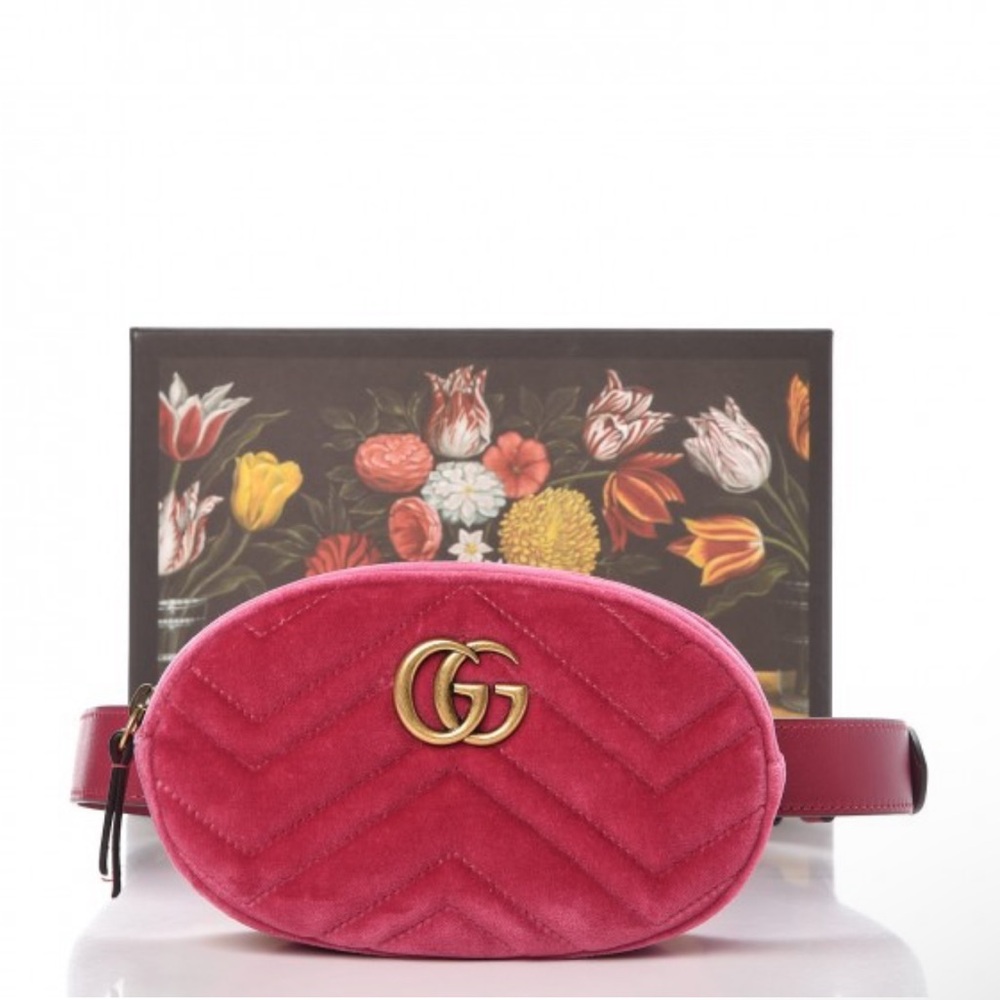 Authentic Gucci Pink Velvet Matelasse GG Marmont Belt Bag!